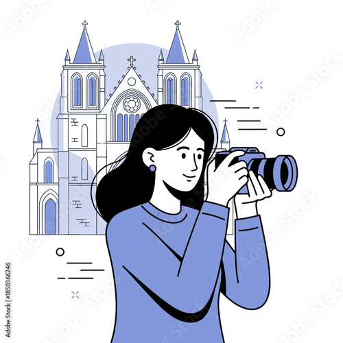 Young asian female photographer capturing gothic architecture of historic cathedral