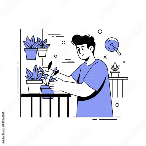 Young male caring for indoor plants on balcony in minimalist style illustration