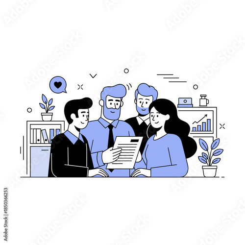 Team meeting with diverse colleagues reviewing documents in office setting