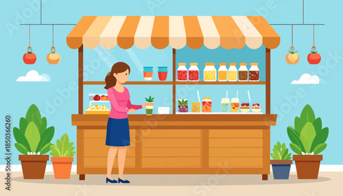 Woman purchasing drink from a street vendor stall with various beverages.