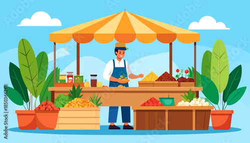 Vibrant outdoor fruit and vegetable market stall with vendor.