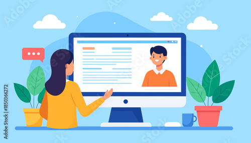 Woman interacting with online video call on computer screen.