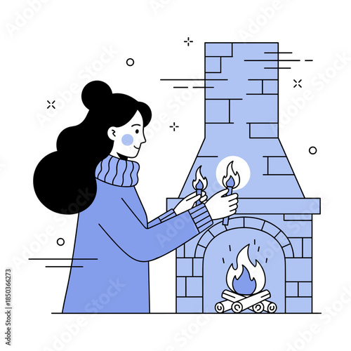 Female lighting fireplace in cozy winter attire line art illustration