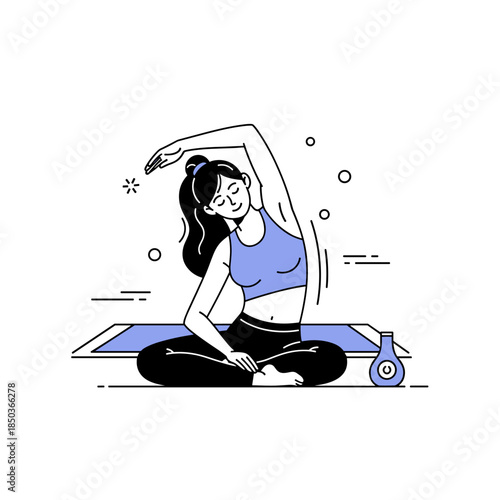 Young caucasian female doing yoga at home with exercise mat and water bottle