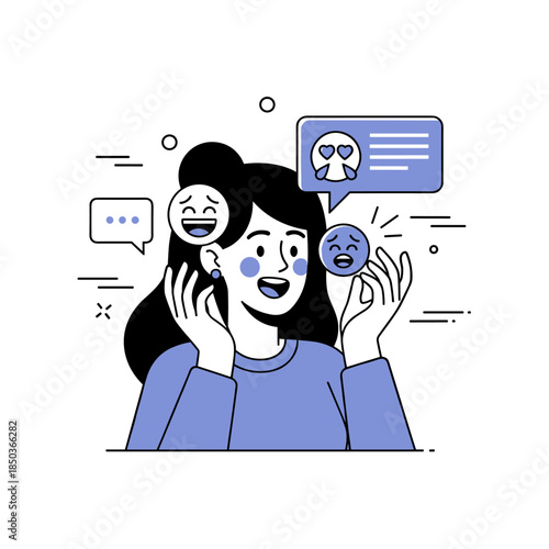 Young asian female experiencing different emotions with chat icons