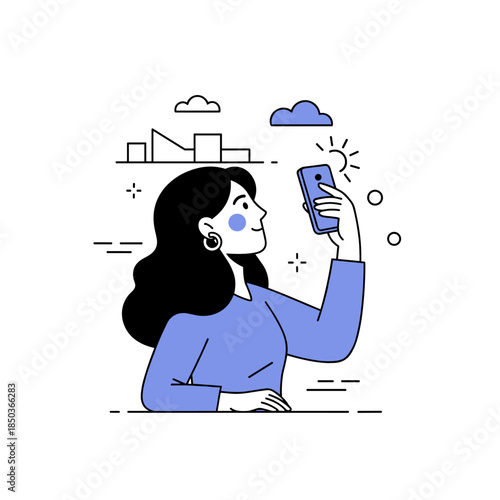 Young caucasian female taking selfie with smartphone in minimalist illustration