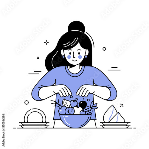 Asian female preparing a fresh fruit salad in a kitchen