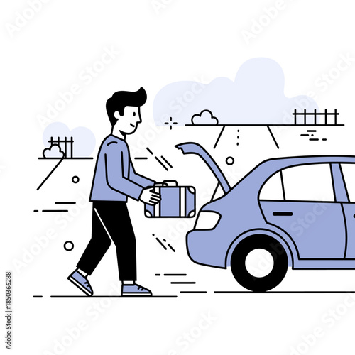 Caucasian young male packing suitcase into car trunk in minimalist illustration