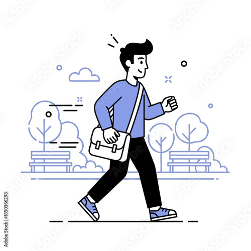 Smiling young hispanic male walking in park with bag on a sunny day