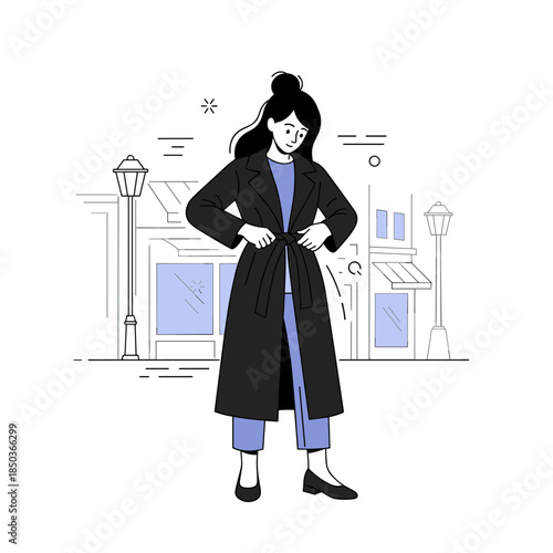Female cartoon character in stylish outfit adjusting trench coat in urban setting