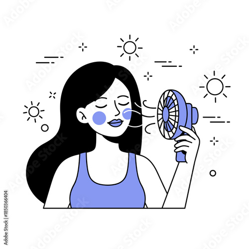 Young asian female enjoying cool breeze from handheld fan in hot weather illustration