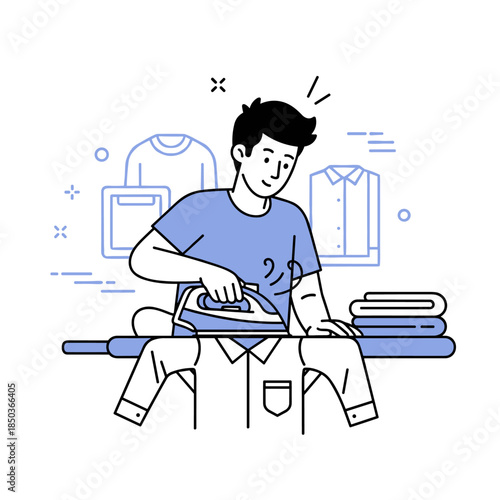 Young caucasian male ironing shirt with neatly folded laundry in minimalist line art style