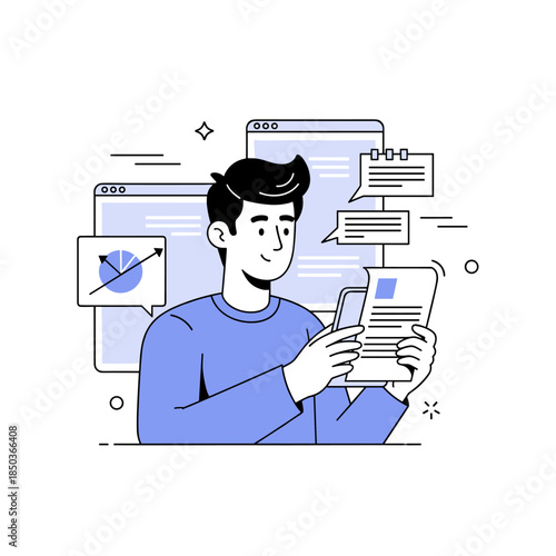 Young caucasian male analyzing data on tablet in an office setting