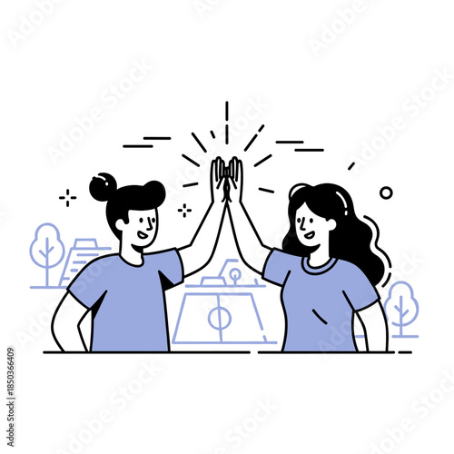 Two young females high-fiving in a park setting