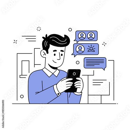 Young caucasian adult male engaging with social media on smartphone
