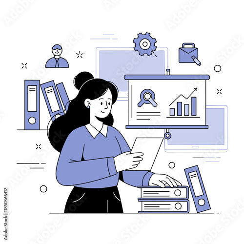 Businesswoman analyzing data with charts and files in modern office setting
