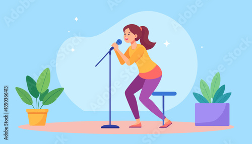 Woman singing into a microphone on a stage with plants.
