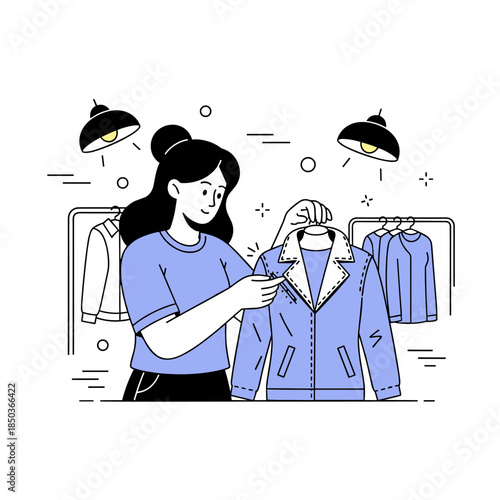 Young hispanic female shopping for jackets in clothing store