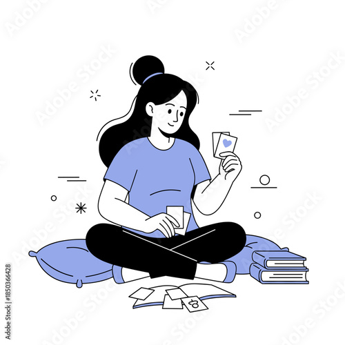 Young female playing card game on floor with books and cushions