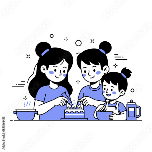 Asian family celebrating with cake - mother, teen, and child baking together