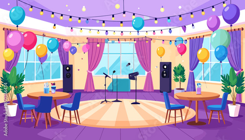 Vibrant Comedy Club Interior with Stage and Seating.