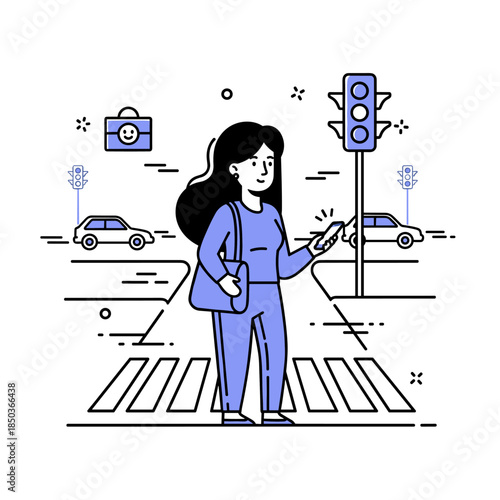 Young female on crosswalk using smartphone in urban setting