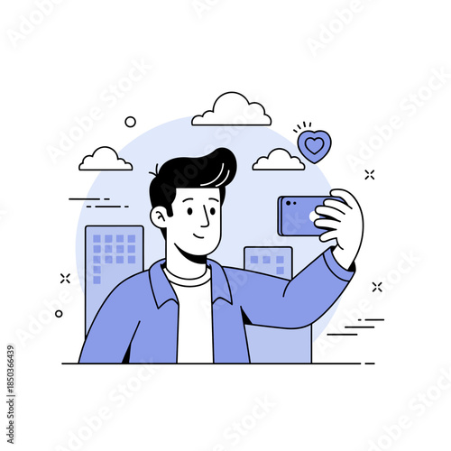 Young caucasian male taking selfie outdoors in urban setting with heart icon