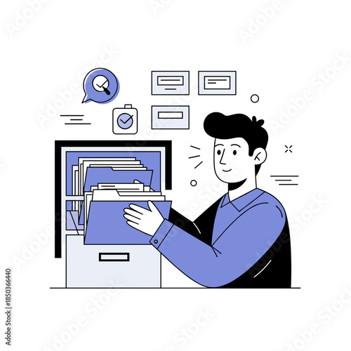 Young adult male organizing documents in file cabinet illustration