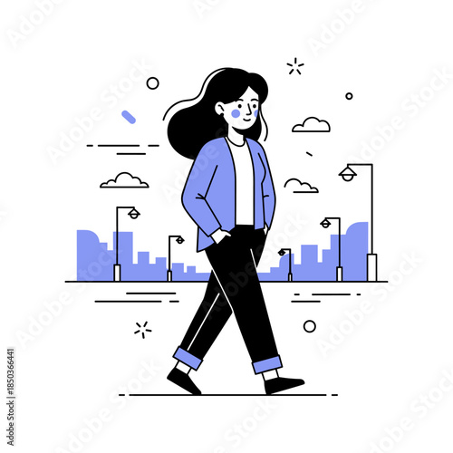 Young caucasian female walking in city with blue jacket and black pants