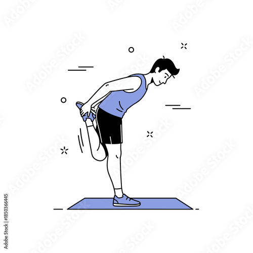 Young caucasian male stretching on exercise mat in minimalist style illustration