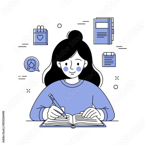 Young asian female studying with books and notes in minimalist illustration