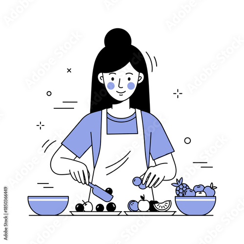 Asian female adult preparing fruit salad in kitchen, smiling and focused