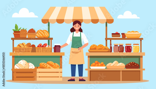 Female vendor standing behind a market stall with various food products.