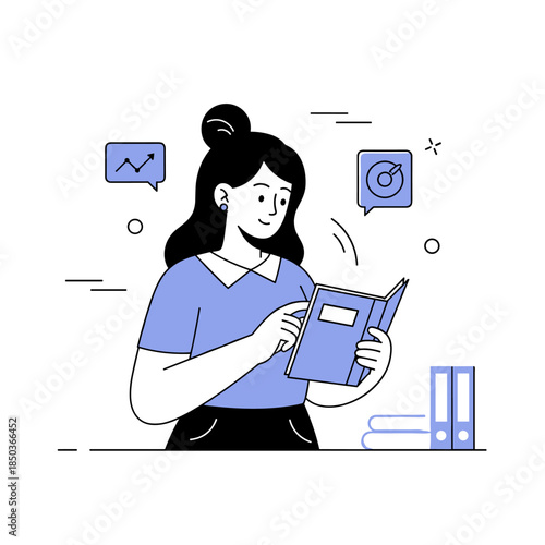 Young female asian adult reading book with business icons in background