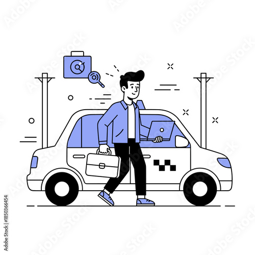 Young asian male riding travel taxi with briefcase and magnified gear icon