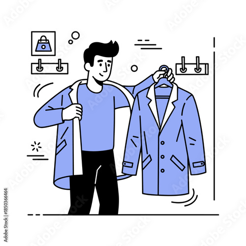 Young caucasian male choosing jacket in stylish clothing store illustration