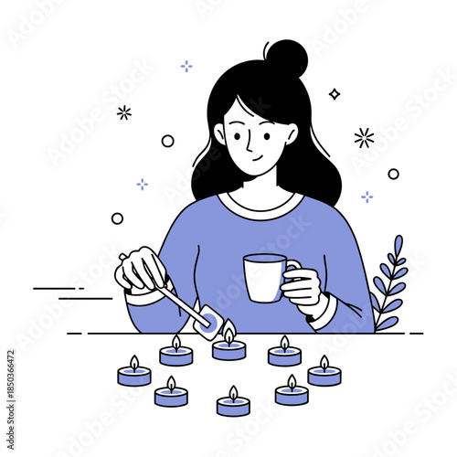 Asian female lighting candles while holding mug in relaxing indoor setting