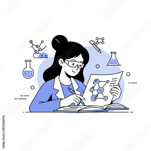 Asian female scientist studying chemistry with molecule diagrams and lab equipment