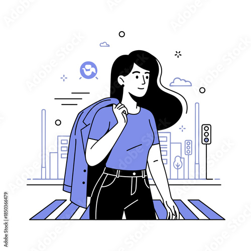 Young caucasian female walking in urban area with jacket over shoulder