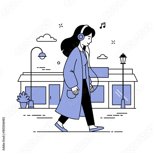 Young asian female listening to music while walking in urban setting