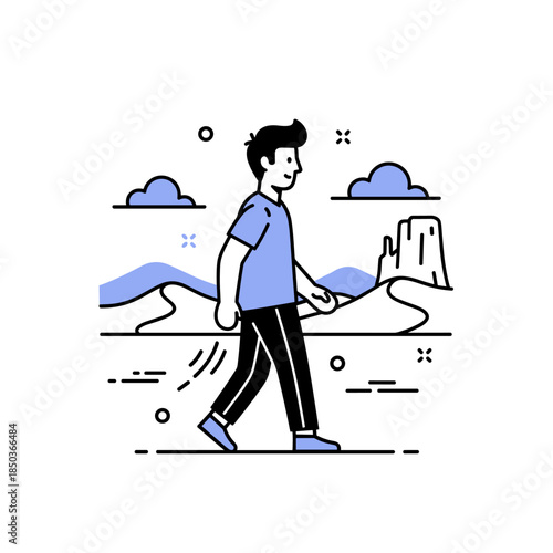 Cartoon illustration of young male walking outdoors in casual clothing