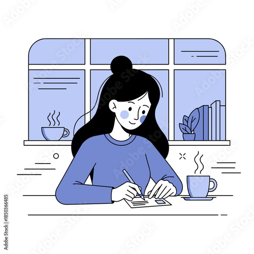 Young caucasian female writing at cozy cafe table with hot beverage