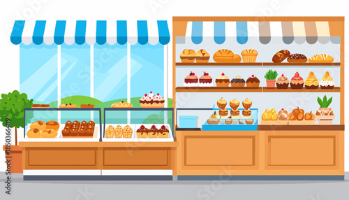 Bakery storefront with assorted pastries and desserts on display.