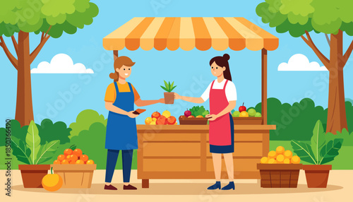 Woman buying fresh produce from a farmer at an outdoor market stall.