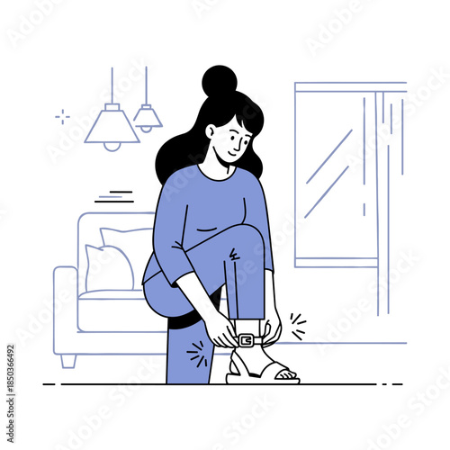 Young female adjusting sandals in modern living room