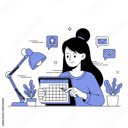 Young asian female planning schedule on tablet at desk with lamp and plants