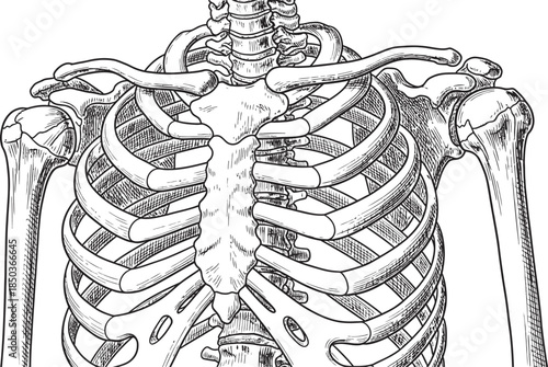 Anatomical illustration of the human rib cage and clavicles