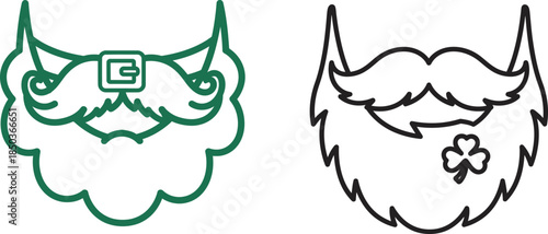 Charming outline illustrations of stylized beards and mustaches, featuring a buckle and a shamrock, perfect for festive cultural themes