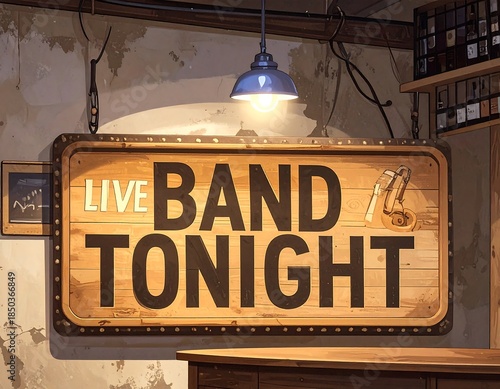 Illuminated vintage bar sign for live music event, set against a textured wall with visible wiring