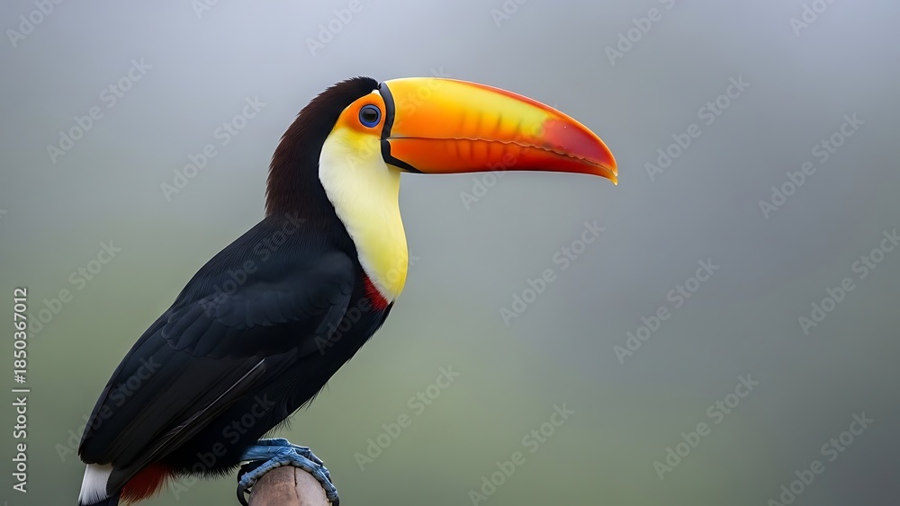Obraz premium A colorful toucan with its large, bright orange and yellow beak sits perched on a branch, set against a soft, muted background.